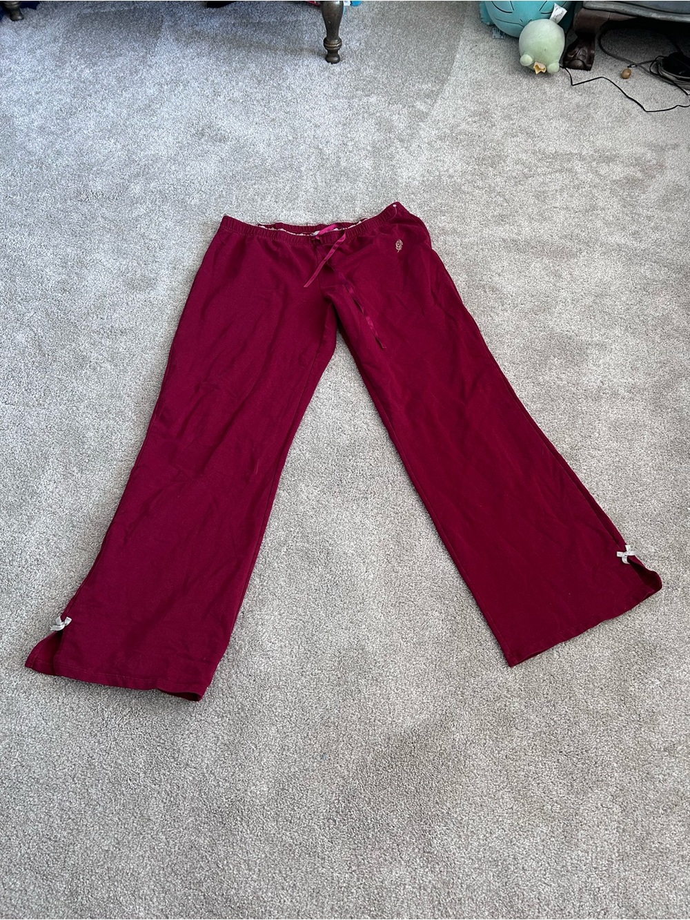Disney Red Lounge Pants Embroidered White Rose Soft Cozy Drawstring Nightwear
